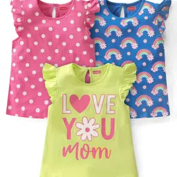 Babyhug Cotton Knit Sleeveless Top with Frill Detailing Polka Dot Graphic Pack of 3 - Pink Blue & Green-picture-15