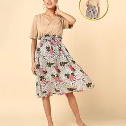Zelena 100% Cotton Half Sleeves Floral Printed Maternity Dress With Concealed Nursing Access - Beige-picture-16