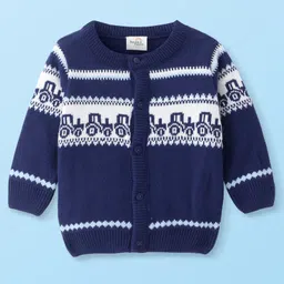 Doodle Poodle Knitted Full Sleeves Front Open Sweater with Jaquard Knit Design - Navy Blue-picture-18