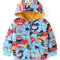 Babyhug Cotton Knit Full Sleeves Front Open Hooded Sweatjacket with Animals Print & Kangaroo Pockets - Blue-picture-23