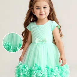 Babyhug Woven Sleeveless Party Dress With Pin Tuck DesignFloral Corsage & Bow Applique - Light Green-picture-22