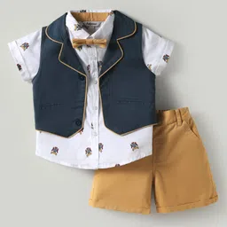 ToffyHouse Cotton Knit Half Sleeves Printed 3 Piece Party Suit With Bow - White & Golden image 1