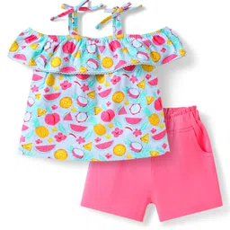 Babyhug Single Jersey Knit Cold Shoulder Sleeves Top & Shorts Set with Fruits & Floral Print - Dark Pink & Light Blue-image-18