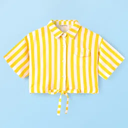 CrayonFlakes Rayon Half Sleeves Striped Crop Shirt Style Top - Yellow-picture-20