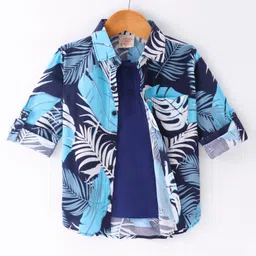 Rikidoos Full Sleeves Leaves Printed Shirt With Attached Tee - Navy Blue-picture-24