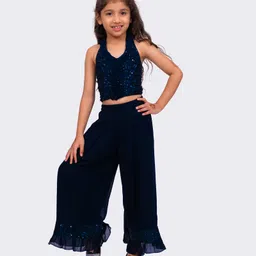 Twisha Woven Sleeveless Sequins Embellished Top & Palazzo Set - Navy Blue-picture-23