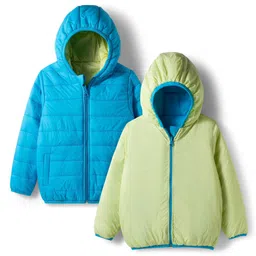 Babyhug Woven Full Sleeves Reversible Solid Hooded Padded Jacket - Blue & Lime Green-picture-19