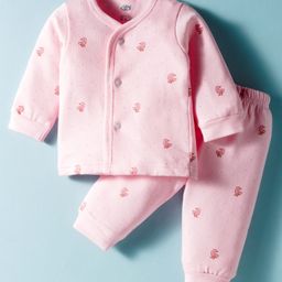 Zero Fleece Knit Full Sleeves Co-ords Front Open Winter Wear T-Shirt & Lounge Pant Set with Bird Print - Light Pink-picture-45