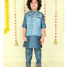 Ministitch Jaquard Woven Full Sleeves Solid Kurta Pyjama With Abstract Printed Jacket Set - Teal-picture-6