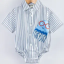 Hugsntugs Cotton Woven Half Sleeves Striped & Baby Jelly Fish Patch Embroidered Onesie - Blue-picture-11