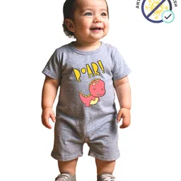 COCOON ORGANICS 100% Cotton Knit Half Sleeves Roar Text Printed Anti Microbial Romper - Grey Melange-picture-25