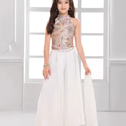 Ministitch Cotton Silk Woven Sleeveless Floral Embroidered & Sequins Embellished Crop Top & Palazzo With Dupatta Set - Off White-picture-14