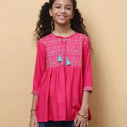 ISHTI Rayon Woven Three Fourth Sleeves Abstract Embroidered Top - Rani Pink-picture-24