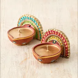 Home Centre Utsav Pink & Green 2 Pieces Embellished Clay Diyas image 4