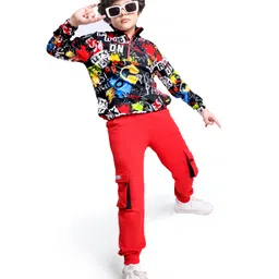 Ollington St. 100% Cotton Knit Full Sleeves Sweatshirt & Jogger Winter Wear Set With Text Print - Black & Red image 2