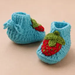 MayRa Knits Hand Knitted Woven Pack Of 2 Strawberry & Bird Applique Detailed Booties - Blue & Pink image 3