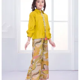 Ministitch Cotton Woven Three Fourth Sleeves Sequins Embellished Shirt Style Top & Palazzo Set - Yellow image 5