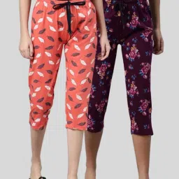 Kryptic Wine & Coral Elasticated Waist Band Relaxed Fit Printed Cotton Capris - Pack of 2-image-54