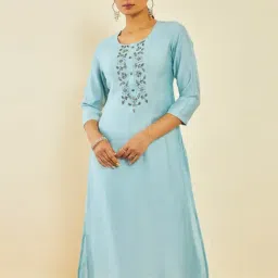Soch Powder Blue Viscose Blend Floral Cutdana Work Straight Kurta-picture-25