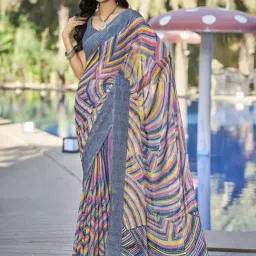 Satrani Grey & Yellow Striped Saree With Unstitched Blouse-image-9