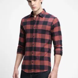 Dennis Lingo Orange & Navy Cotton Slim Fit Checks Shirt-image-63