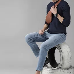 The Roadster Lifestyle Co Men Navy Blue  Waffle Texture T-shirt image 5