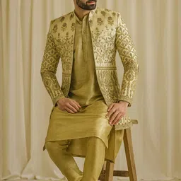 SHAHI ACHKAN Men Golden Mustard Embroidered Sherwani Set-picture-16