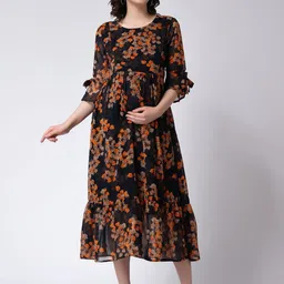 Moms Maternity Floral Print Bell Sleeve Georgette Maternity Fit & Flare Maxi Dress-picture-28