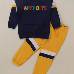 Babyhug Cotton Knit Full Sleeves T-Shirt & Lounge Pants Set With Text Embroidery - Navy & Yellow-picture-33
