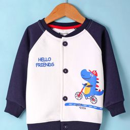 Bodycare Fleece Knit Full Raglan SleevesBomber Jacket with Dino Print - Blue & White-picture-1