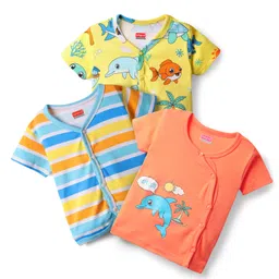 Babyhug 100% Cotton Antibacterial Half Sleeves Front Open Jhablas With Stripes & Sea Life Print Pack Of 3 - Yellow Orange & Light Blue-picture-13