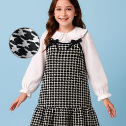arias by lara dutta Arias Woven Textured Houndstooth Dress With Full Sleeves Inner Shirt With Peter Pan Collar - Black & White-picture-35