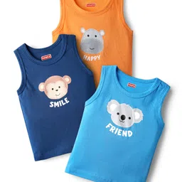 Babyhug 100% Cotton Knit Antibacterial Sleeveless Sandos with Animal Print Pack of 3 - Orange Navy & Light Blue-picture-34