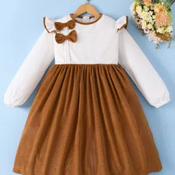 Mark & Mia Full Sleeves Winter Frock With Frills & Bow Detailing - Brown & White-picture-21