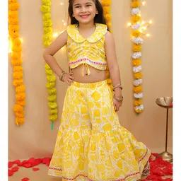 BownBee Pure Cotton Woven Sleeveless Floral Printed Peter Pan Collar Top & Coordinating Sharara Set - Yellow-picture-24