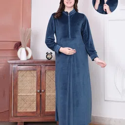 Secret Wish Velvet Woven Full Sleeves Solid Maternity Nighty With Centre Front Access - Blue-picture-26