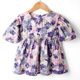 Kookie Kids Cotton Woven Three Fourth Sleeves Peplum Top with Floral Print - Multicolor-image-82