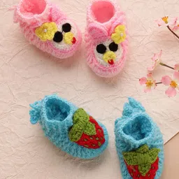 MayRa Knits Hand Knitted Woven Pack Of 2 Strawberry & Bird Applique Detailed Booties - Blue & Pink-picture-38