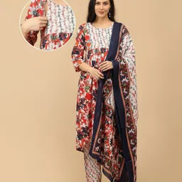 The Mom Store Cotton Woven Three Fourth Sleeves Floral Printed Maternity Kurti With Side Zipper Nursing Access & Pant Dupatta Set - Multi Colour-picture-20