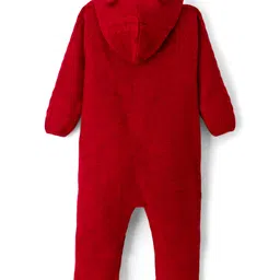 Babyhug Knit Full Sleeves Hooded Winter Wear Romper with Ear Applique & Cable Knit Design - Maroon image 2