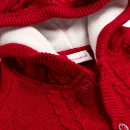 Babyhug Knit Full Sleeves Hooded Winter Wear Romper with Ear Applique & Cable Knit Design - Maroon image 3