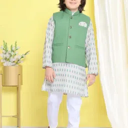 AJ Dezines Kids Green & White Cotton Printed Full Sleeves Kurta Set-picture-20