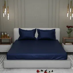 Stoa Paris Navy Blue 300 TC Polyester Super King Fitted Sheet with 2 Pillow Covers-picture-11