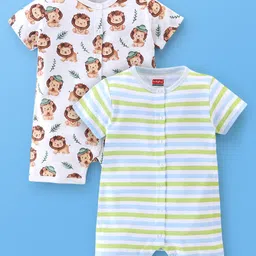 Babyhug 100% Cotton Half Sleeves Romper Lion & Stripes Print Pack of 2- White & Green-picture-12