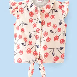 Babyhug Rayon Woven Frill Sleeves Top with Cherry Print & Knot Detailing - White & Peach-picture-38
