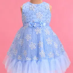 Babyhug Woven Sleeveless Fit & Flare Party Frock with Floral Embroidery & Applique- Aqua Blue-picture-25