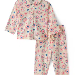 Doodle Poodle 100% Cotton Knit Full Sleeves Front Open Collar Neck Heart Printed  Night Suit  -Light Yellow-picture-33