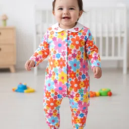 Babyhug 100% Cotton Knit Full Sleeves Front Open Romper with Floral Print - Multicolor-picture-20