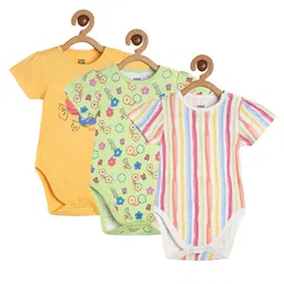 MINI KLUB Cotton Knit Half Sleeves Floral Printed & Striped Onesies - Multi Colour-image-54