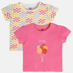 MINI KLUB Cotton Pack Of 2 Half Sleeves Checked & Balloon Printed Tops - White & Pink-picture-17
